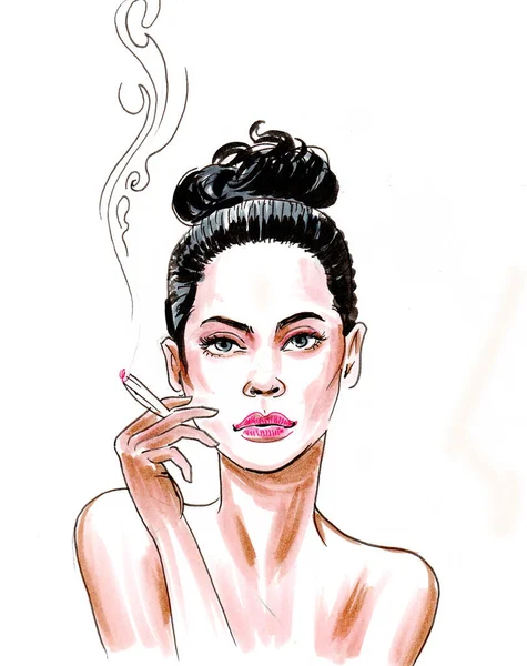 Linda Mujer Morena Fumando Cigarrillo Marihuana Ilustración Tinta Acuarela — Foto de Stock