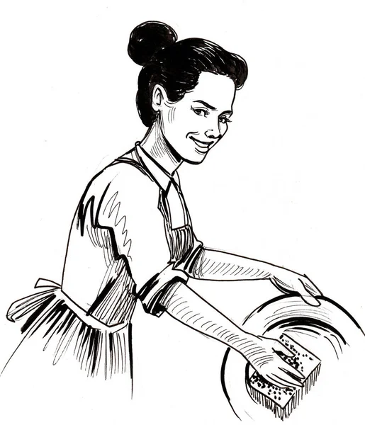 Домохозяйка Моет Посуду Чернила Черно Белые — стоковое фото
