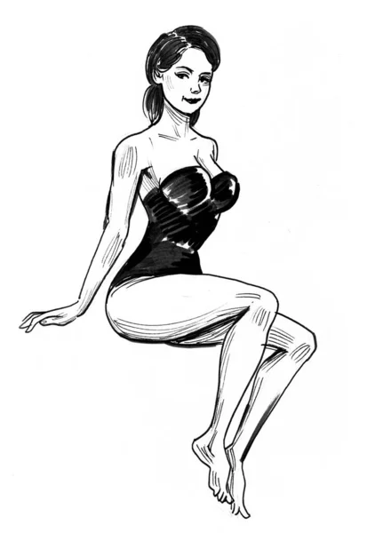 Pretty Woman Swimming Suit Ink Black White Drawing — Stock Photo, Image
