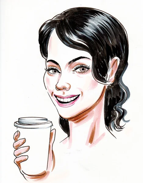 Güzel Bir Kadın Bir Fincan Kahve Içiyor Mürekkep Suluboya Çizimi — Stok fotoğraf