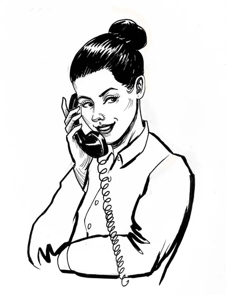 Pěkná Obchodnice Mluví Telefonu Černobílá Kresba Inkoustu — Stock fotografie