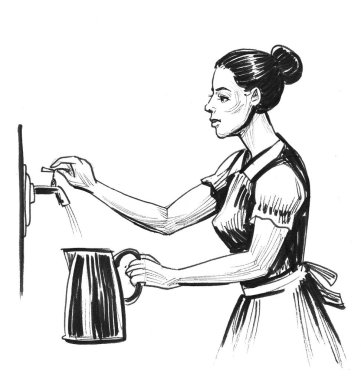 Ev hanımı kavanozu musluktan suyla dolduruyor. Mürekkep siyah beyaz çizim