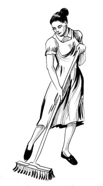 Ev hanımı yerleri paspaslıyor. Mürekkep siyah beyaz çizim