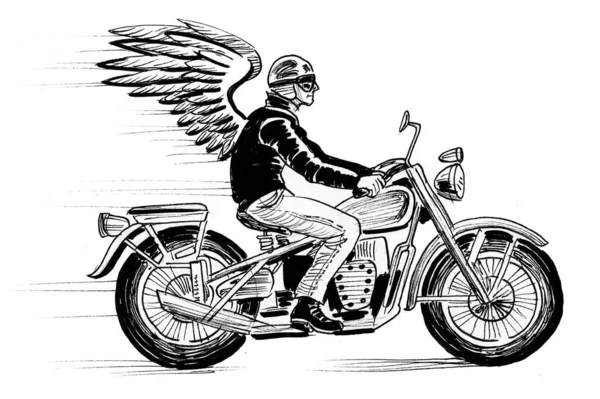Vinged Ryttare Klassisk Motorcykel Bläck Svart Och Vitt Ritning — Stockfoto