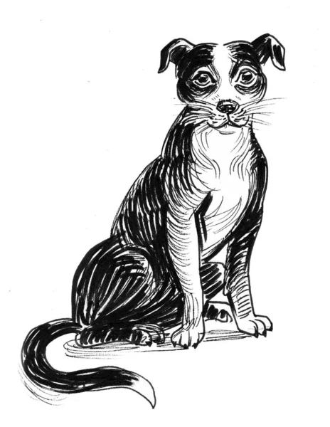 Oturan Yavru Köpek Mürekkep Siyah Beyaz Çizim — Stok fotoğraf
