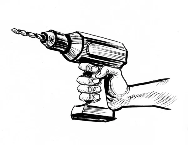 Ręczne Narzędzie Wiercenia Elektrycznego Czarno Biały Rysunek Atramentu — Zdjęcie stockowe