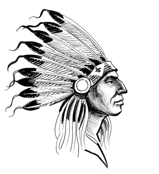 Native American Chief Ink Black White Drawing — Stock Photo, Image