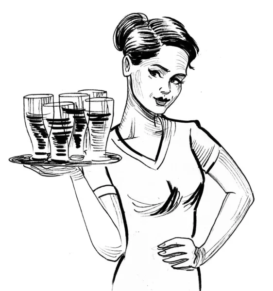 Uma Empregada Bonita Com Copo Cerveja Bandeja Tinta Desenho Preto — Fotografia de Stock