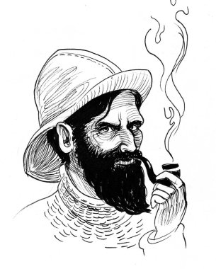 Sakallı denizci pipo içiyor. Mürekkep siyah beyaz çizim