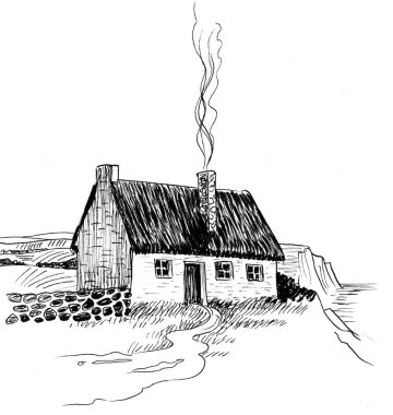 Deniz kıyısındaki eski kulübe. Mürekkep siyah beyaz çizim