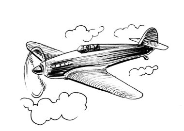 İkinci Dünya Savaşı 'ndan kalma eski bir askeri uçak gökyüzünde. Mürekkep siyah beyaz çizim