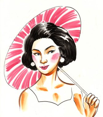 Kırmızı şemsiyeli güzel bir Çinli kadın. Mürekkep ve suluboya çizim