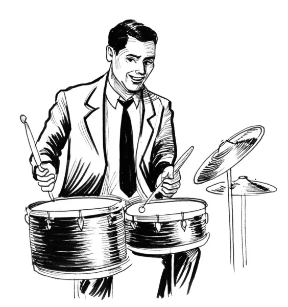 Young Musician Playing Drums Ink Black White Drawing — Stock Photo, Image