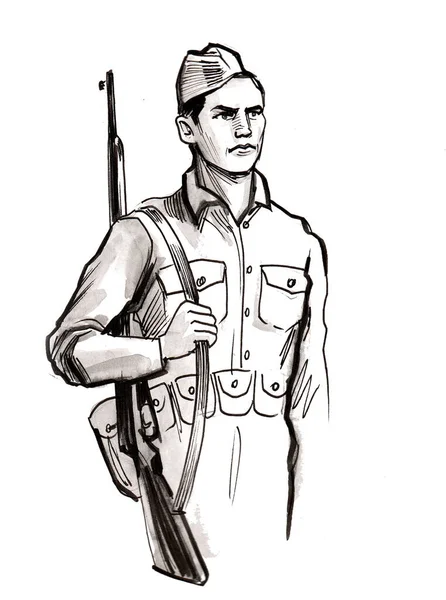 Soldado Con Rifle Guardia Dibujo Blanco Negro Tinta — Foto de Stock