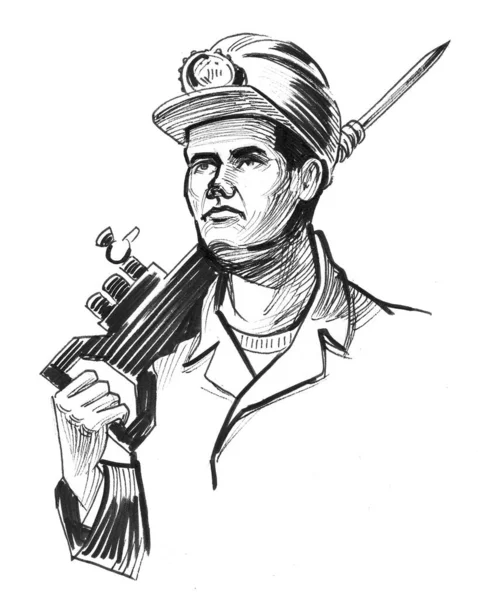 Miner Worker Pneumatic Hammer Ink Black White Drawing — Stock Photo, Image