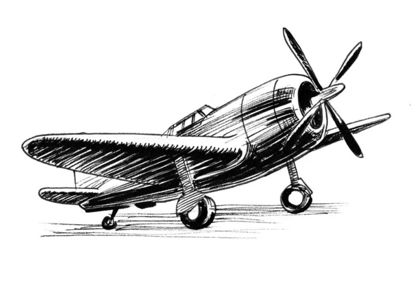 Vintage World War Military Plane Ink Black White Drawing — Stock Photo, Image