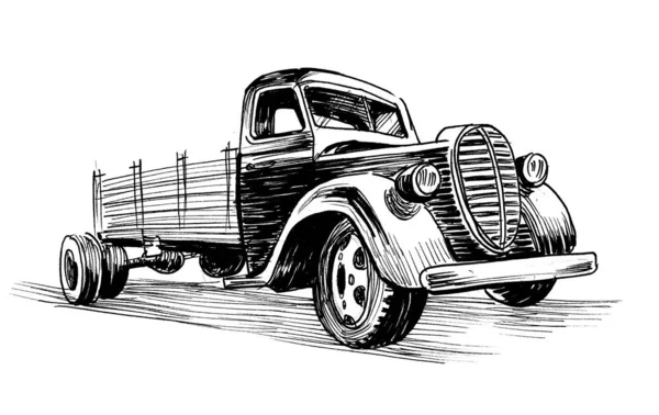 Vieux Camion Encre Dessin Noir Blanc — Photo