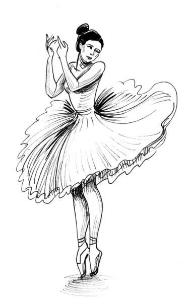 Tančící Krásná Baletka Černobílá Kresba Inkoustu — Stock fotografie
