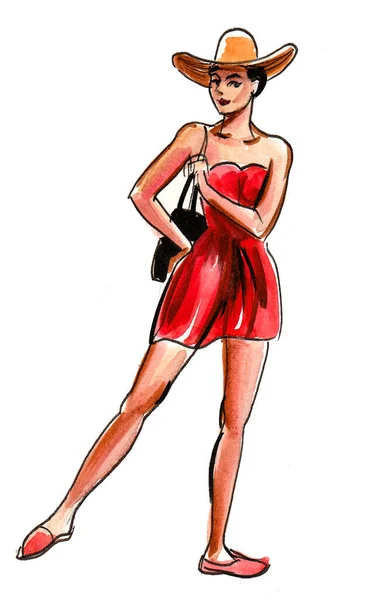 Vacker Kvinna Röd Klänning Och Hatt Bläck Och Akvarell Ritning — Stockfoto