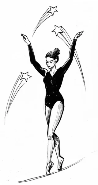 Mooie Vrouwelijke Turnster Het Circus Inkt Zwart Wit Tekening — Stockfoto