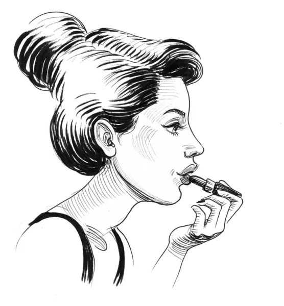 Una Mujer Guapa Con Lápiz Labial Dibujo Blanco Negro Tinta — Foto de Stock