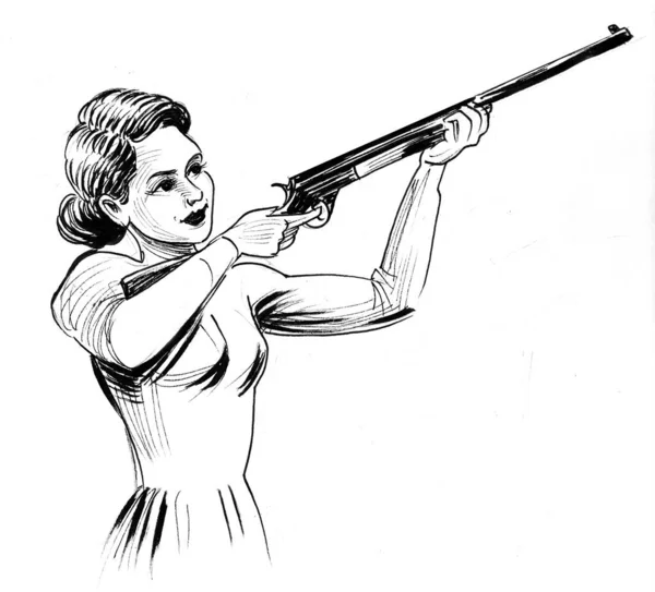 Pretty Lady Shooting Rifle Ink Black White Drawing — Stock Photo, Image