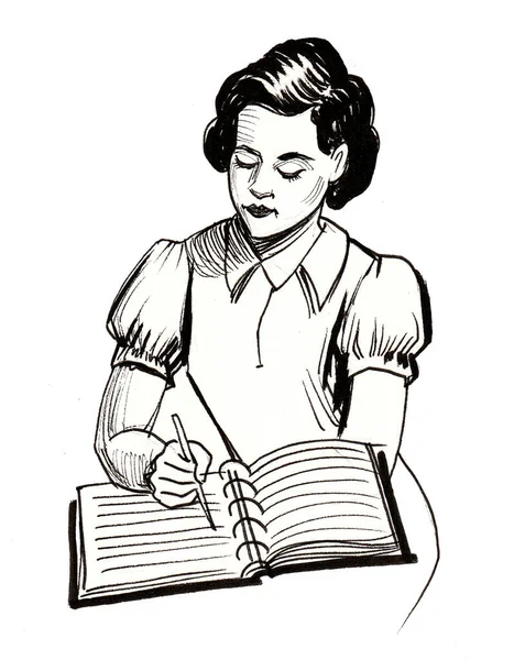 女人写在书中 墨水黑白画 — 图库照片