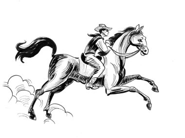 Kovboy ata biniyor. Mürekkep siyah beyaz çizim