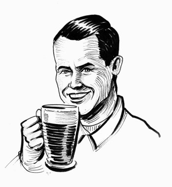 Bira içen mutlu bir adam. Mürekkep siyah beyaz çizim
