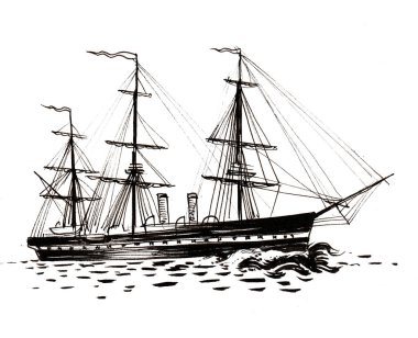 Denizde eski bir yelkenli. Mürekkep siyah beyaz çizim