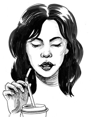 Güzel bir kadın pipetle içki içiyor. Mürekkep siyah beyaz çizim