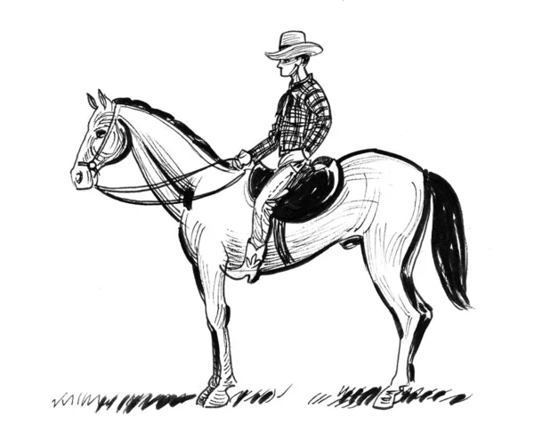 Vaquero Americano Montando Caballo Dibujo Blanco Negro Tinta — Foto de Stock