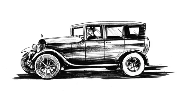 Retro Car Driver Ink Black White Drawing — Stock Photo, Image