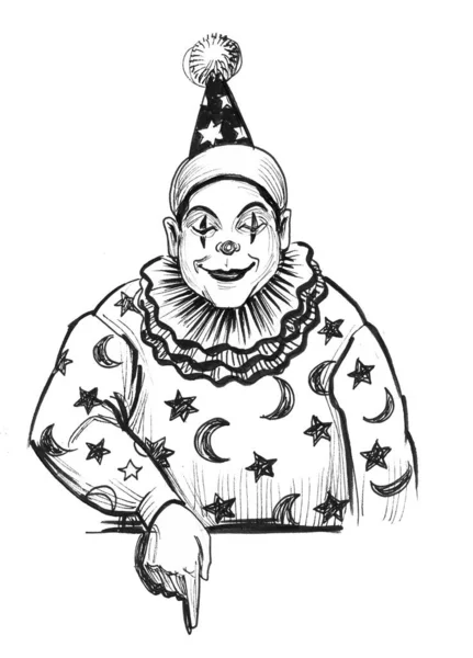 Clown Wijst Naar Beneden Inkt Zwart Wit Tekening — Stockfoto