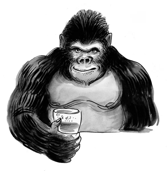 Gorilla Con Bicchiere Birra Inchiostro Acquerello Disegno — Foto Stock