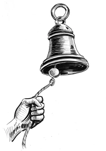 Ruka Zvoní Zvonek Černobílá Kresba Inkoustu — Stock fotografie
