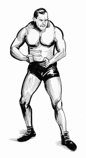 马戏团摔跤运动员 墨水黑白画 — 图库照片