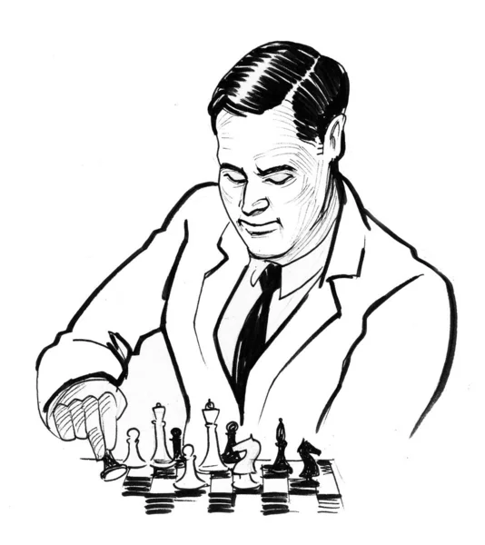 Κύριος Παίζει Σκάκι Μελάνι Ασπρόμαυρο Σχέδιο — Φωτογραφία Αρχείου