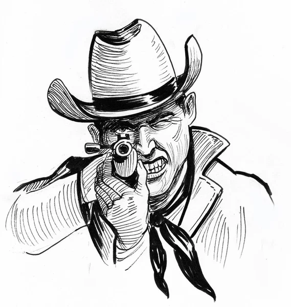 Cowboy aiming gun at viewer. Ink black and white drawing