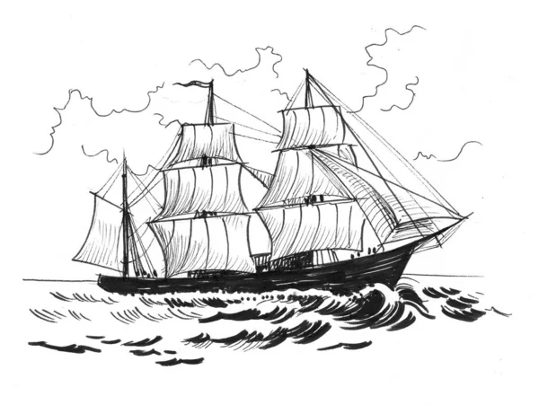 Sailing Ship Sea Ink Black White Drawing — Stock Photo, Image