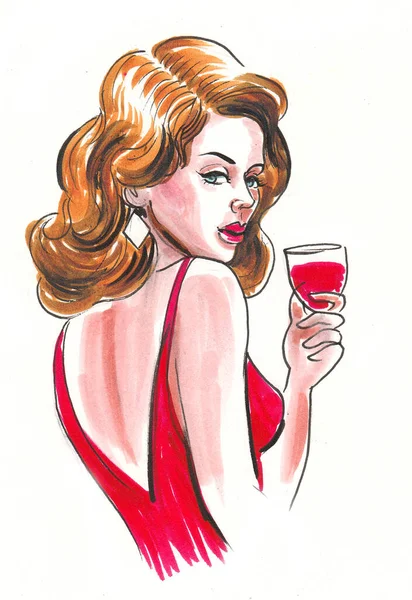 Όμορφη Κυρία Ένα Ποτήρι Κόκκινο Κρασί — Φωτογραφία Αρχείου