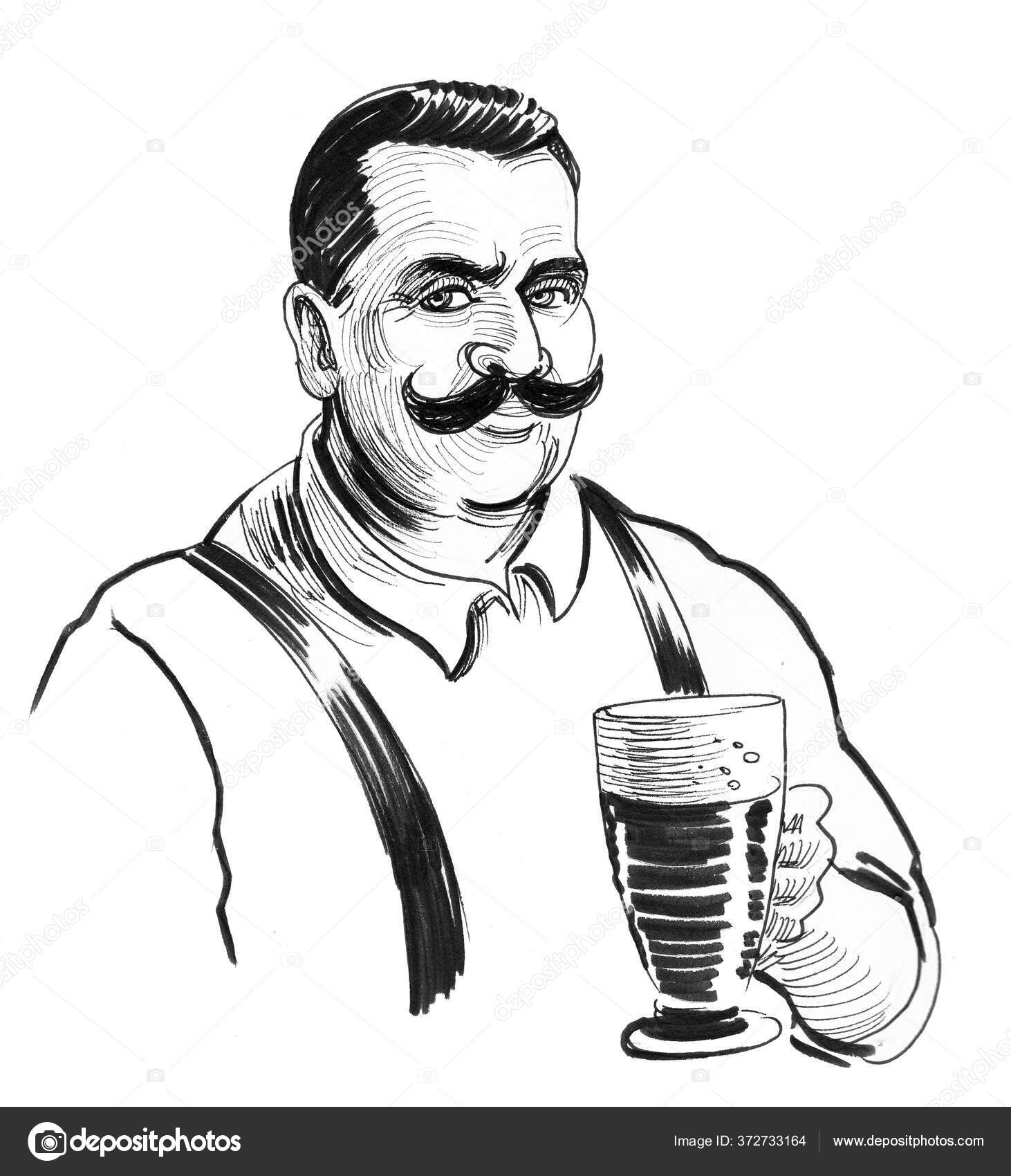 Tysk Mann Med Bart Som Drikker Blekk Svart Hvit Tegning – stockillustrasjon  © alexblacksea #372733164, image size:1462x1700