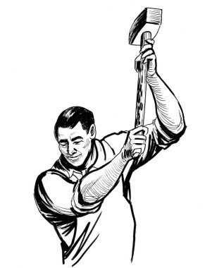 Çekiçle demircilik yapıyorum. Mürekkep siyah beyaz çizim