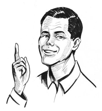 Yukarıya bakan adam. Mürekkep siyah beyaz çizim