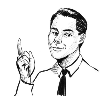 Adam yukarı bakıyor. Mürekkep siyah beyaz çizim