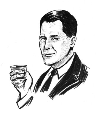 Elinde bir bardak viski olan bir beyefendi. Mürekkep siyah beyaz çizim