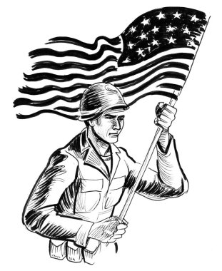 Amerikan bayrağı taşıyan asker. Mürekkep siyah beyaz çizim