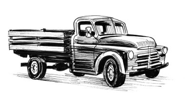 Retro kamyon. Mürekkep siyah beyaz çizim