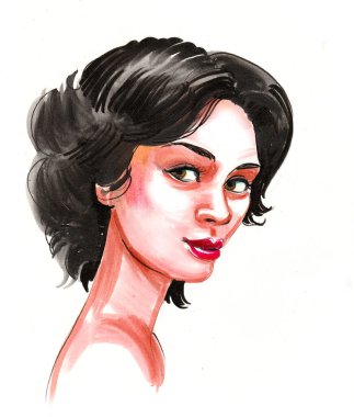 Güzel esmer kadın. Mürekkep ve suluboya çizim