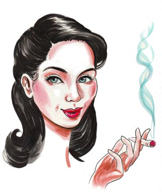 Esrar içen güzel bir kadın. Mürekkep ve suluboya çizim